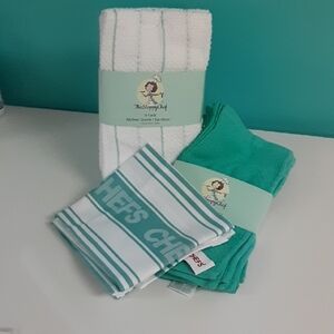 Kitchen Towel Set, Sloppy Chef, Teal & White, 100% Cotton, Chefs Tea Towel